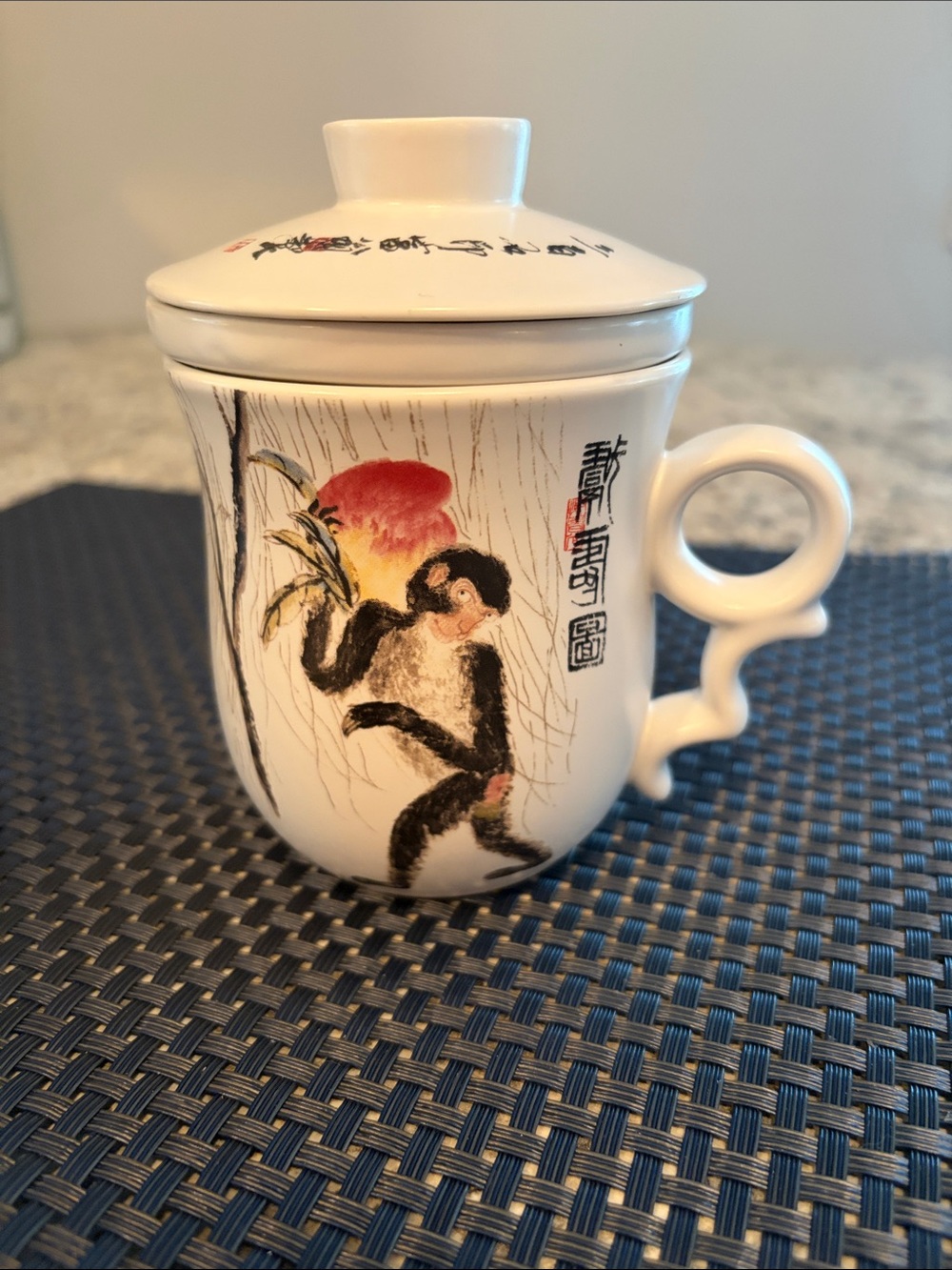 Teavana White Porcelain Lidded Cup with Monkey and Peach Motif